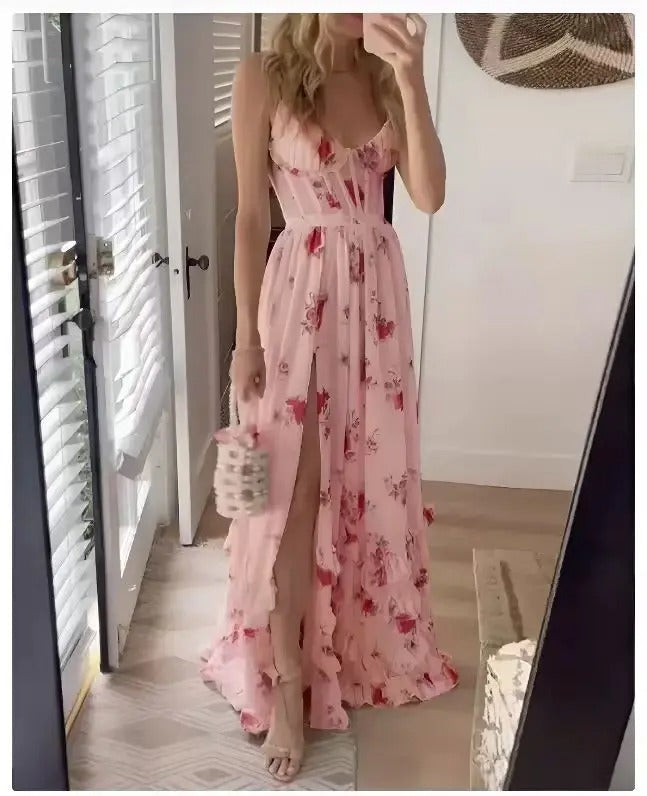 Womens Long Evening Dress Floral Pattern Elegant Fit