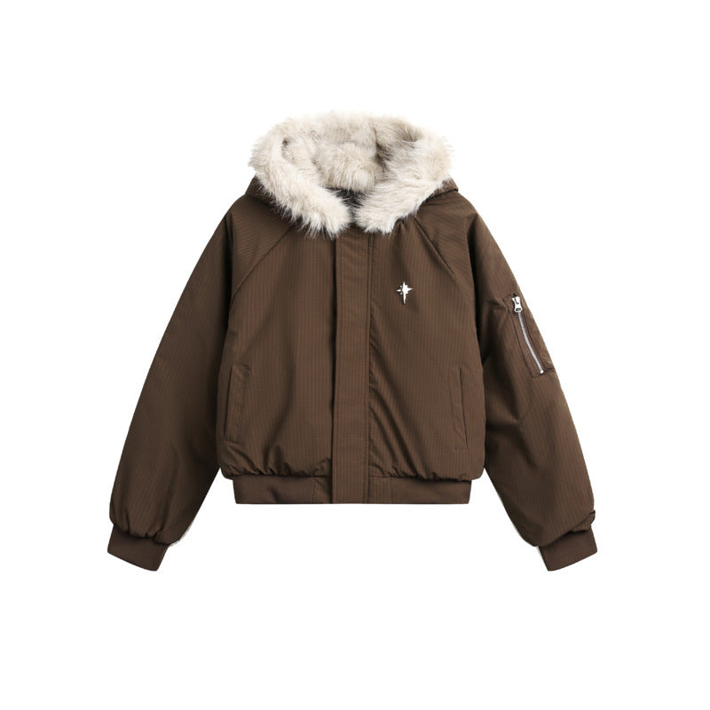 Womens Bomber Jacket Faux Fur Hood Casual Fit