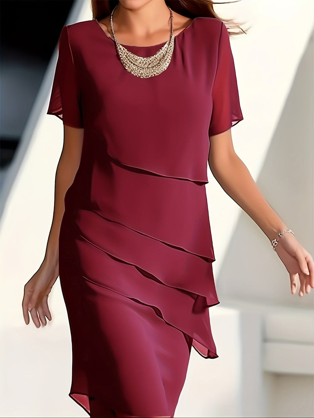 Womens Short Sleeve Dress with Ruffle Trim Classic Style