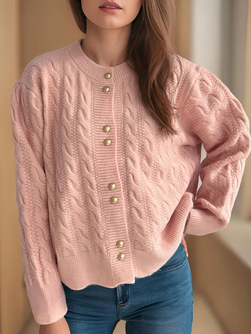 Womens Button Cardigan Sweater Cozy Crew Neck