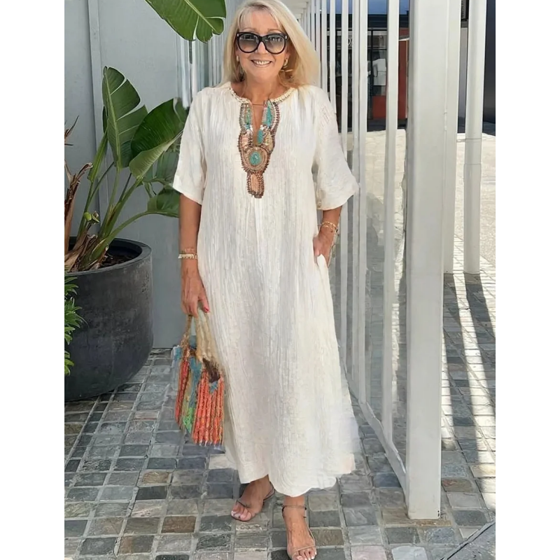 Womens Maxi Dress Embroidered Neckline Short Sleeve - BritishMode