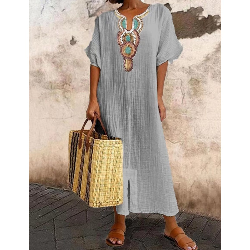 Womens Maxi Dress Embroidered Neckline Short Sleeve