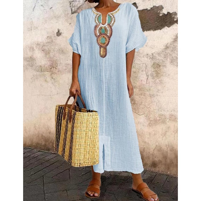 Womens Maxi Dress Embroidered Neckline Short Sleeve