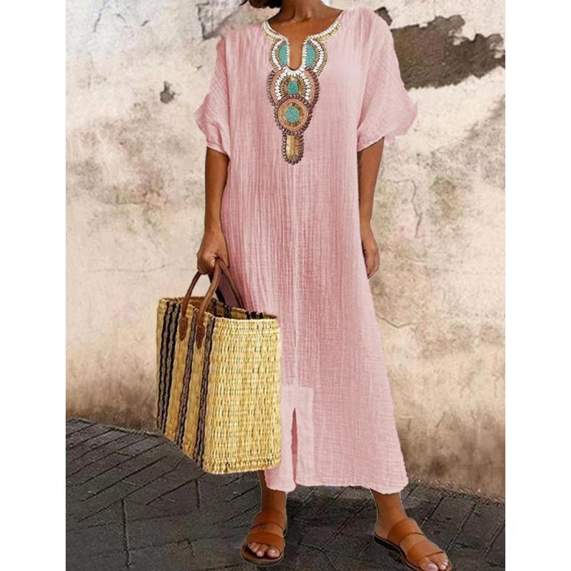 Womens Maxi Dress Embroidered Neckline Short Sleeve
