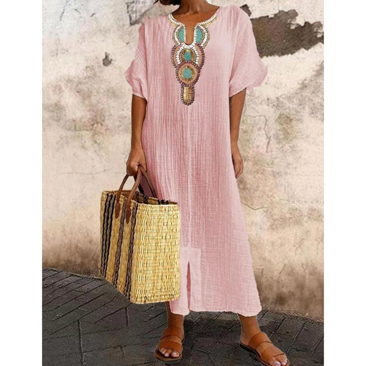 Womens Maxi Dress Embroidered Neckline Short Sleeve
