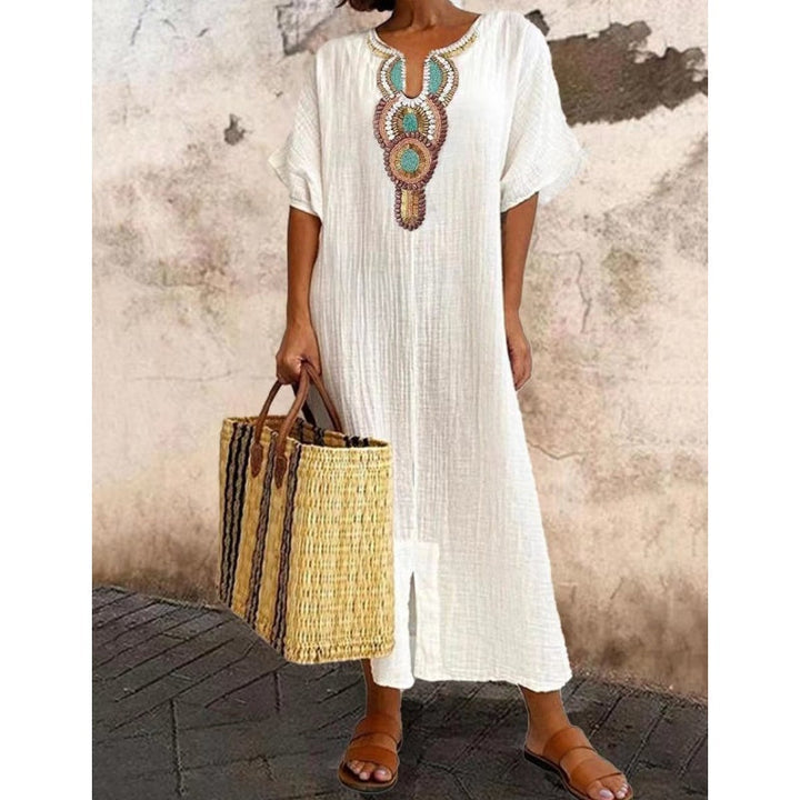 Womens Maxi Dress Embroidered Neckline Short Sleeve
