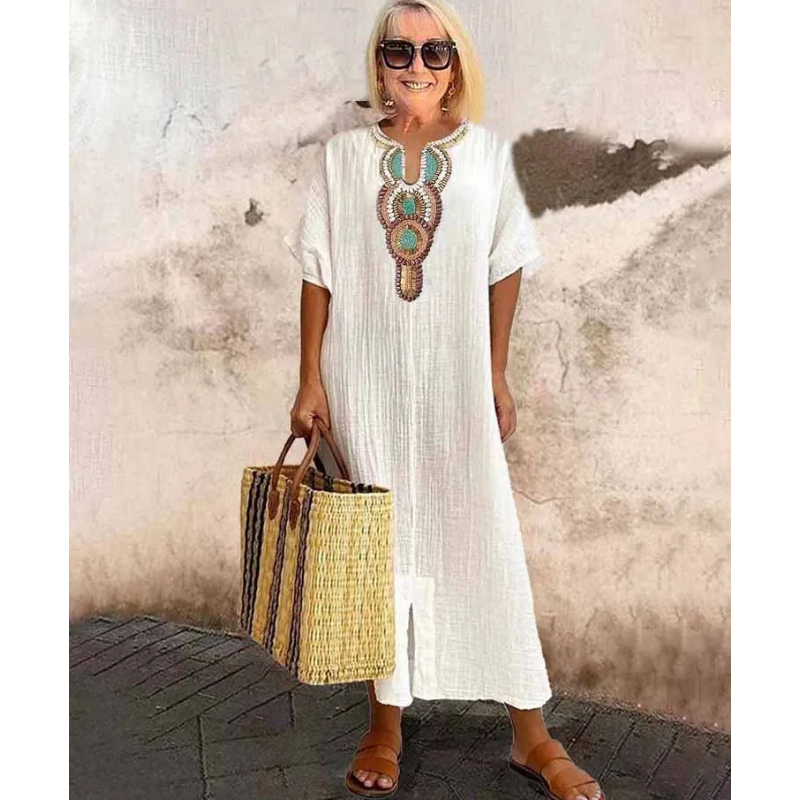 Womens Maxi Dress Embroidered Neckline Short Sleeve