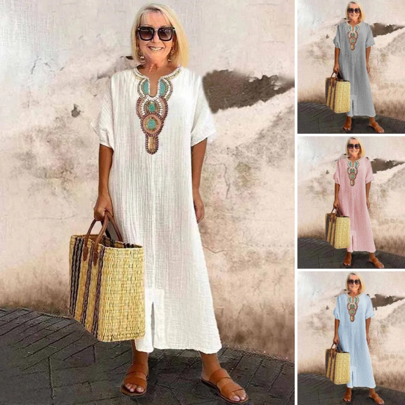 Womens Maxi Dress Embroidered Neckline Short Sleeve