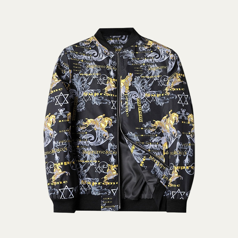 Mens Bomber Jacket with Zip-Up Closure Graphic Design
