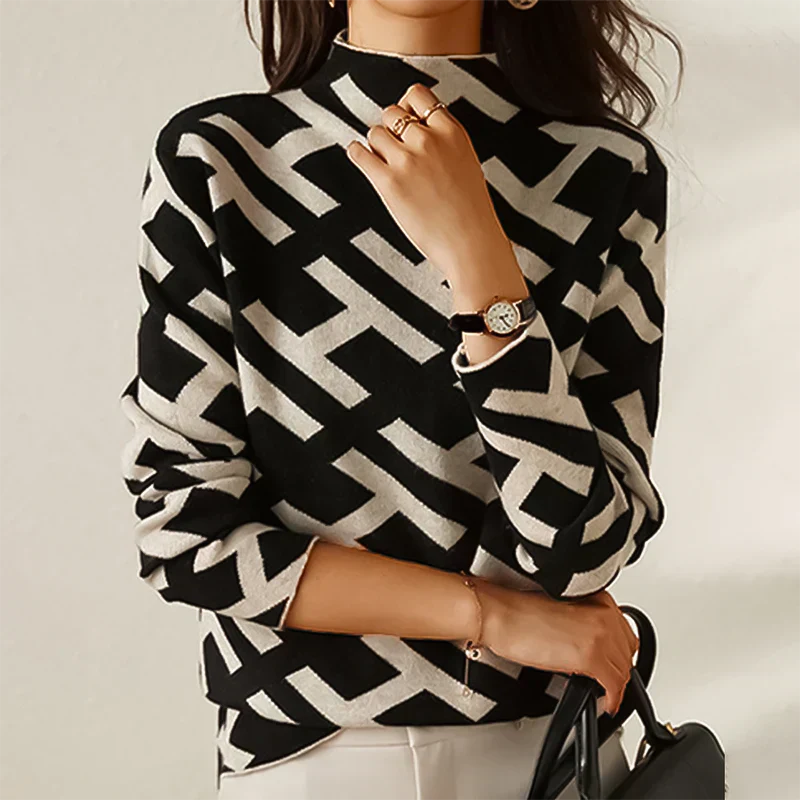 Womens Sweater Wool Blend Cozy Fit Geometric Pattern - BritishMode