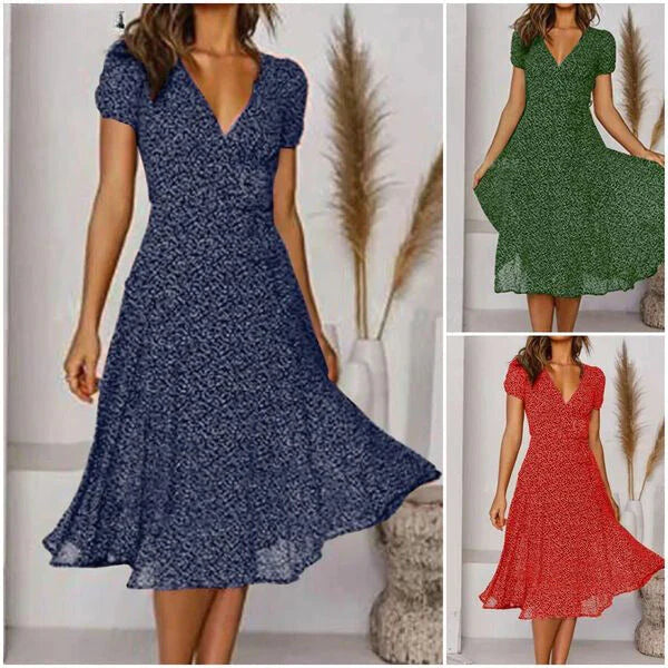 Womens Midi Dress Floral V-Neck Short Sleeve