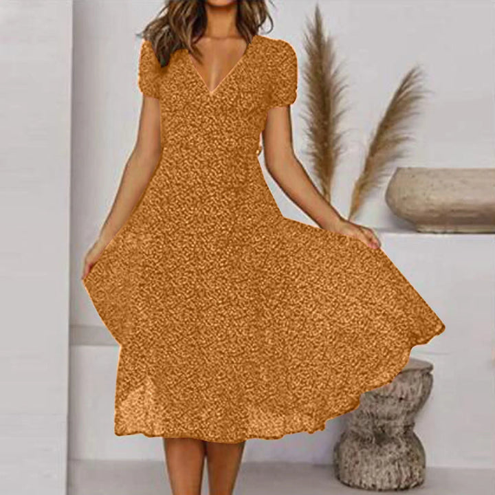 Womens Midi Dress Floral V-Neck Short Sleeve