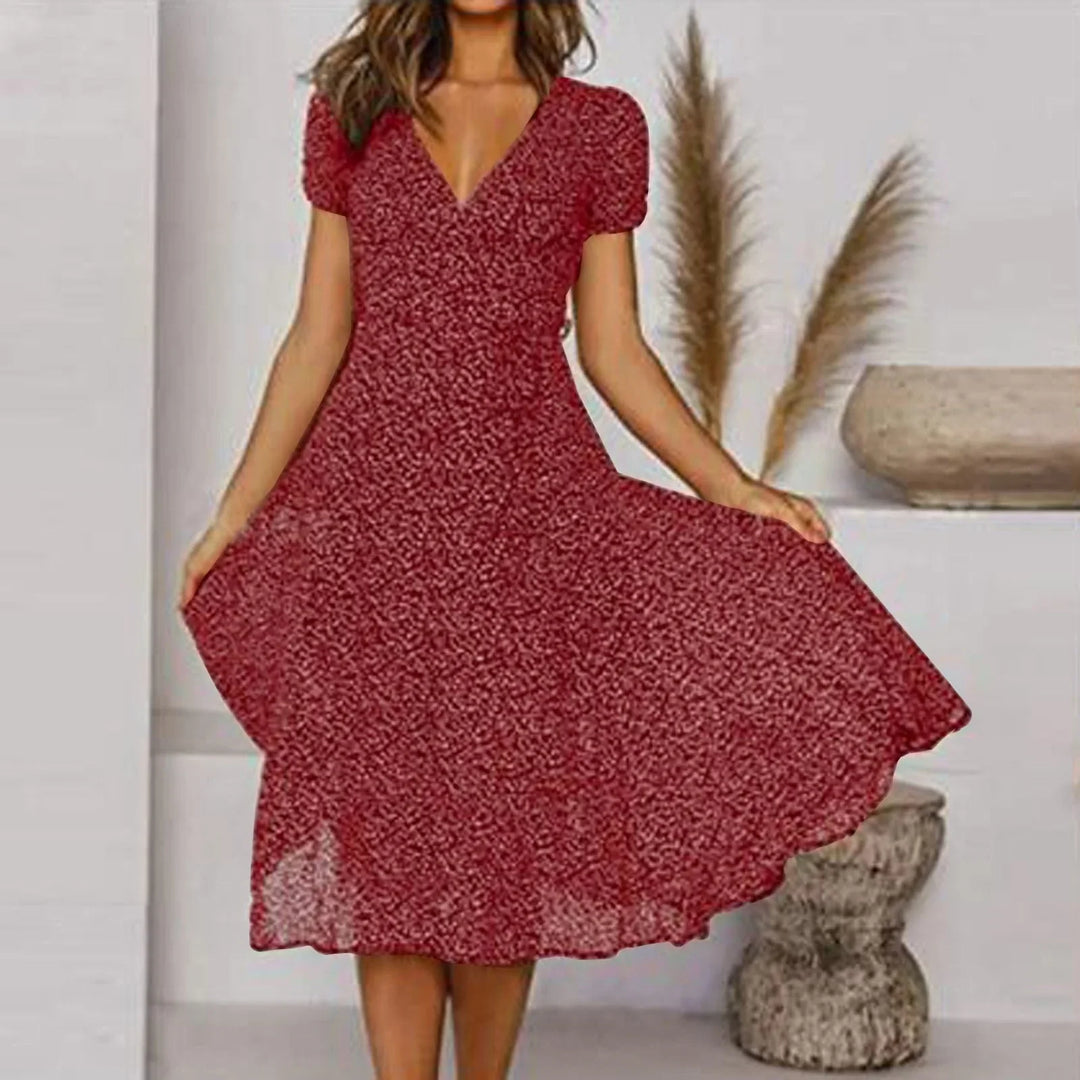 Womens Midi Dress Floral V-Neck Short Sleeve