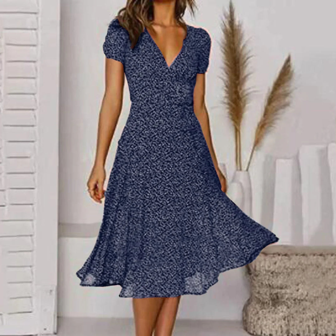 Womens Midi Dress Floral V-Neck Short Sleeve