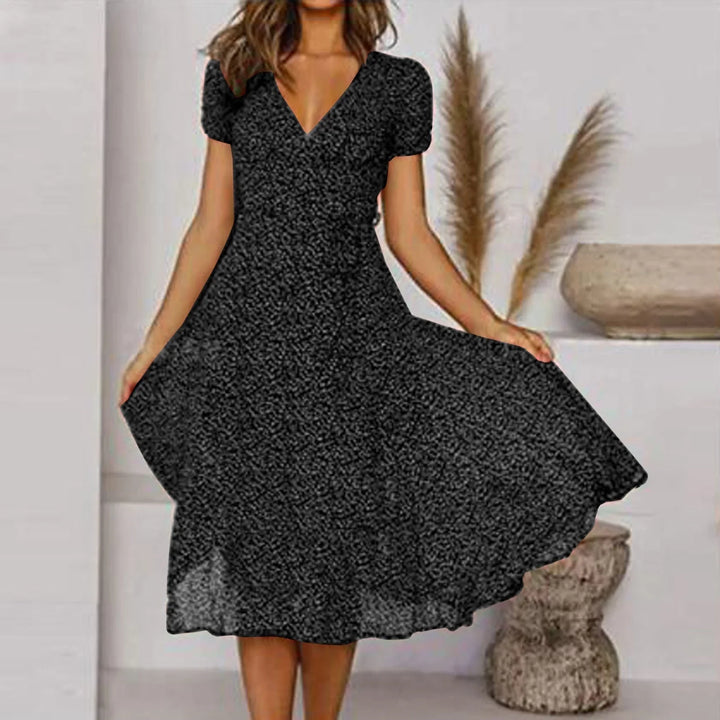 Womens Midi Dress Floral V-Neck Short Sleeve