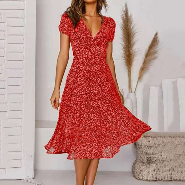 Womens Midi Dress Floral V-Neck Short Sleeve
