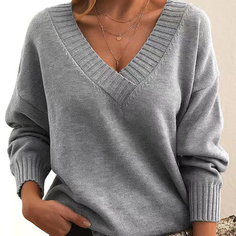 Womens V-Neck Pullover Sweater Relaxed Fit