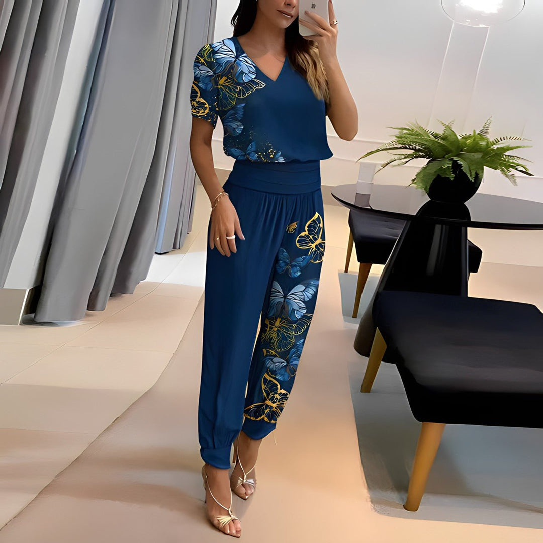 Womens V-Neck Outfit Floral Pattern Relaxed Fit