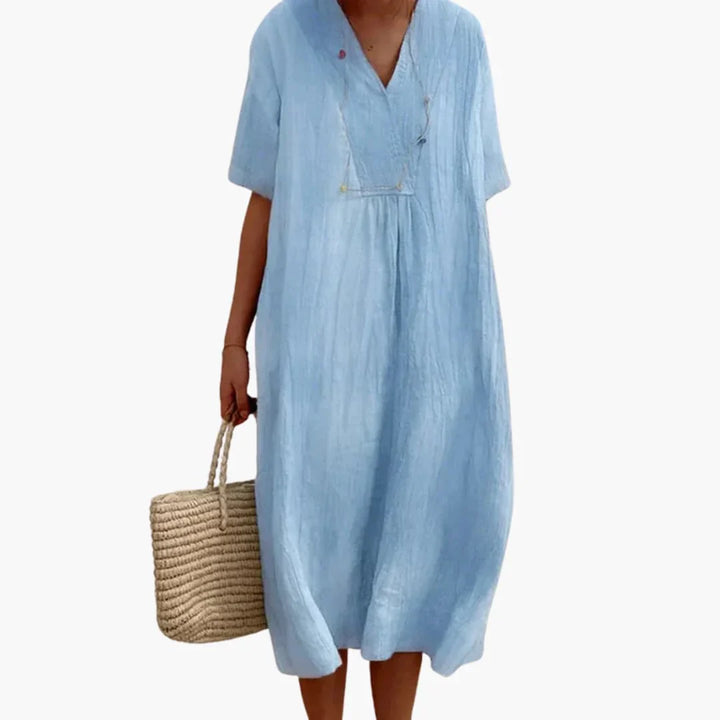 Womens Midi Dress V-Neck Short Sleeve Beach Style - BritishMode