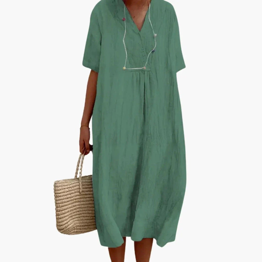 Womens Midi Dress V-Neck Short Sleeve Beach Style