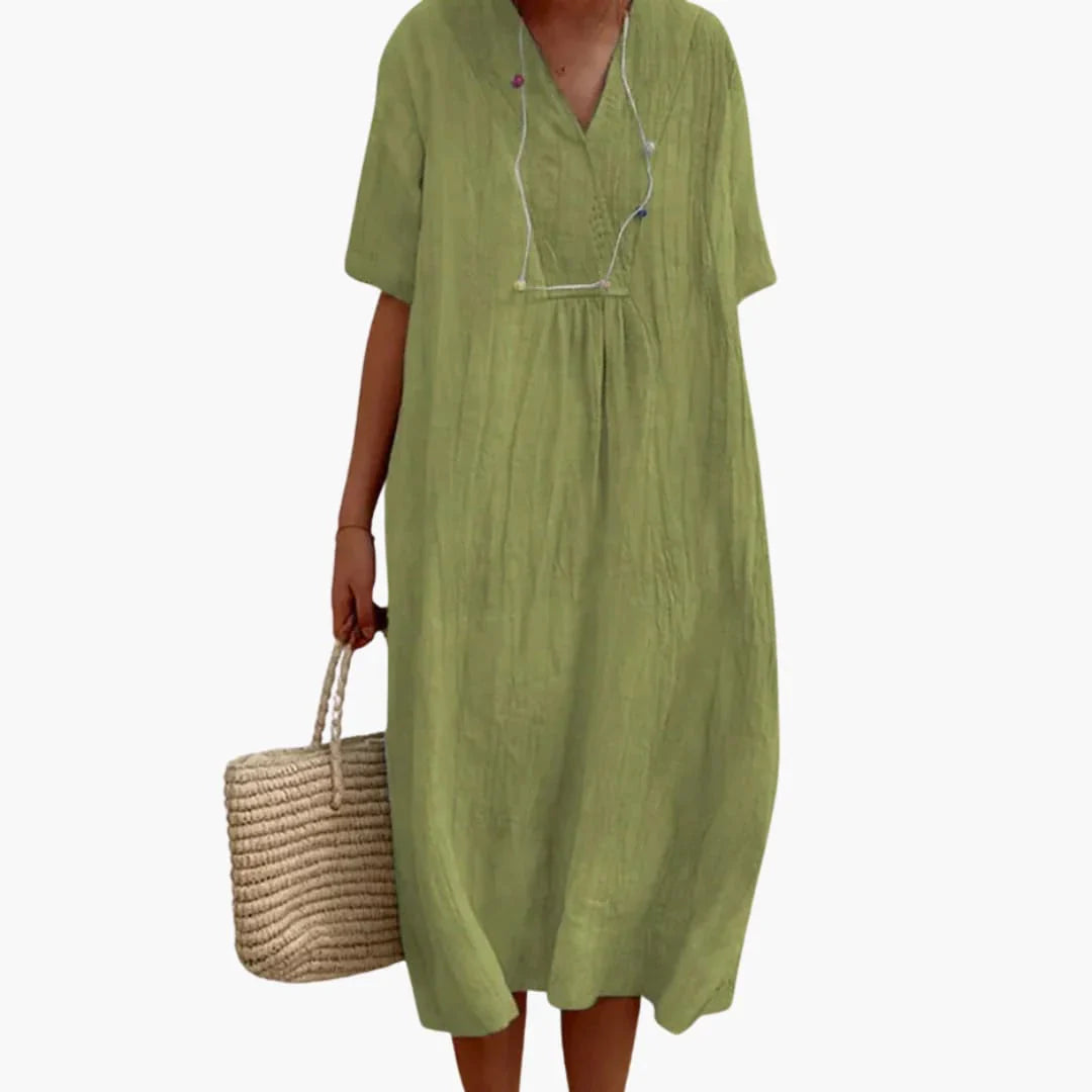 Womens Midi Dress V-Neck Short Sleeve Beach Style