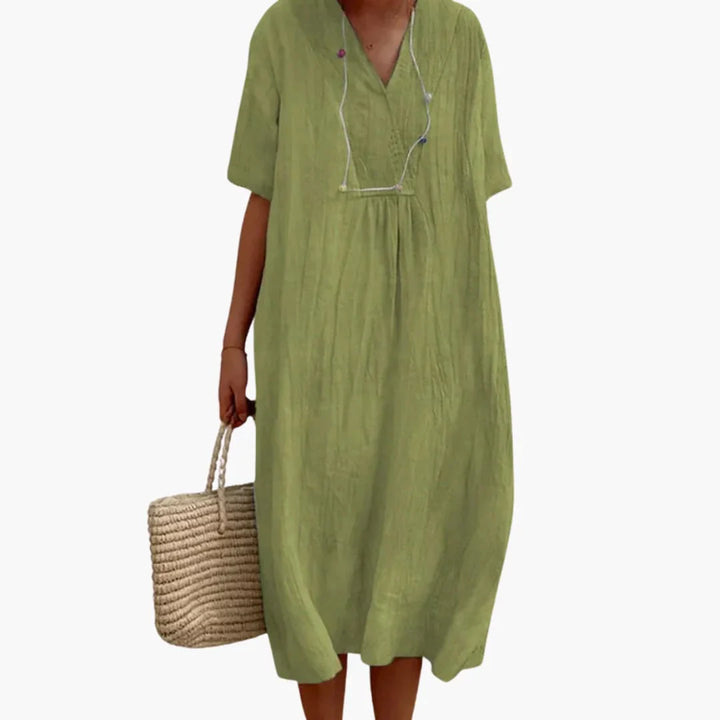 Womens Midi Dress V-Neck Short Sleeve Beach Style