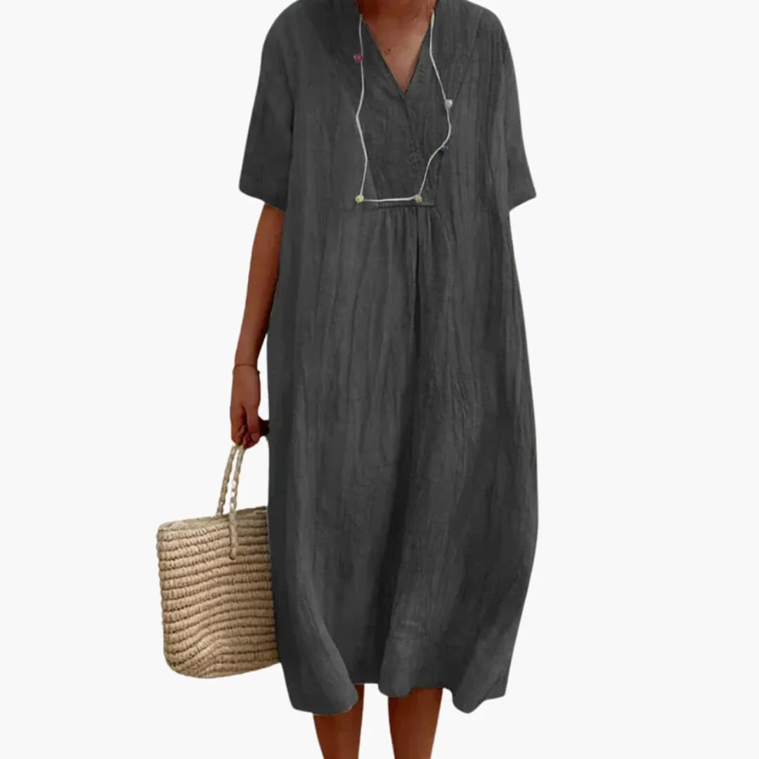 Womens Midi Dress V-Neck Short Sleeve Beach Style