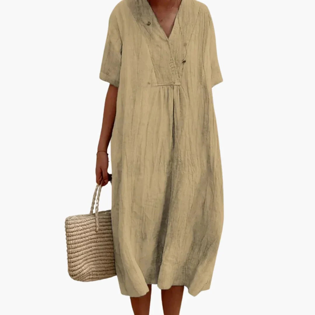 Womens Midi Dress V-Neck Short Sleeve Beach Style