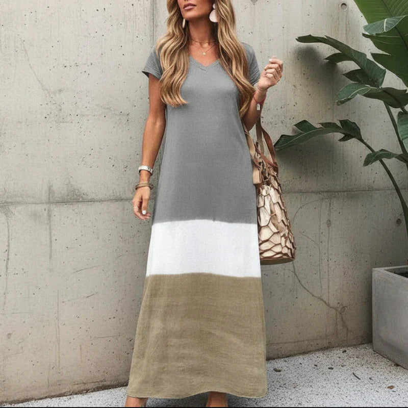Womens Maxi Dress V-Neck Color Block Summer