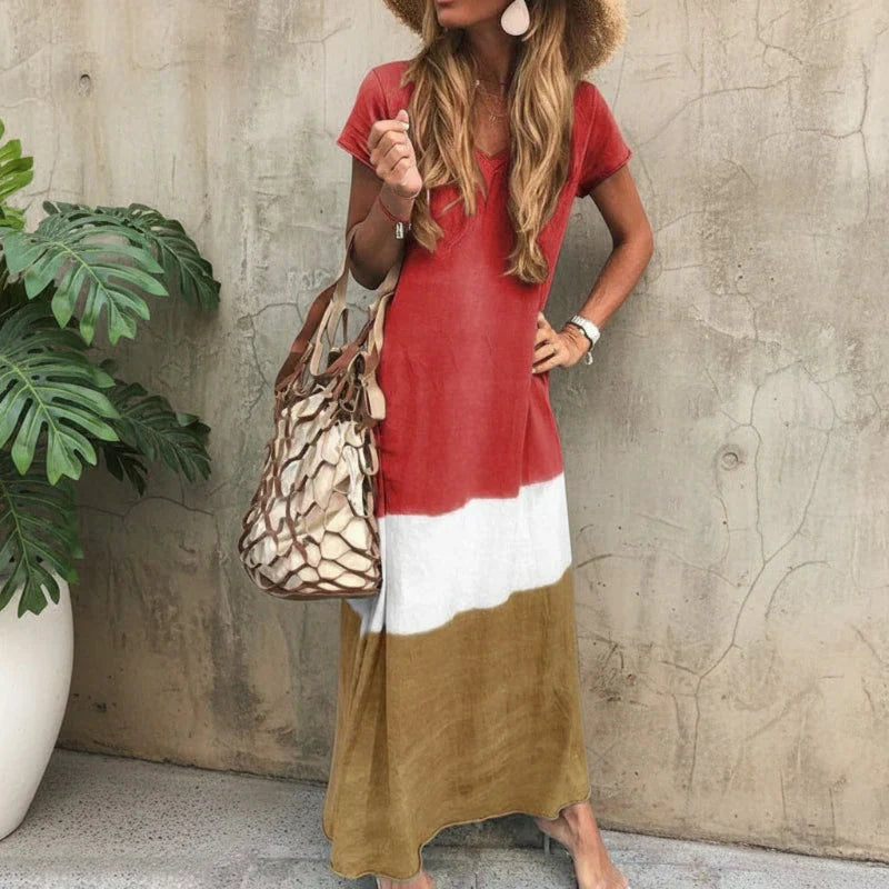 Womens Maxi Dress V-Neck Color Block Summer