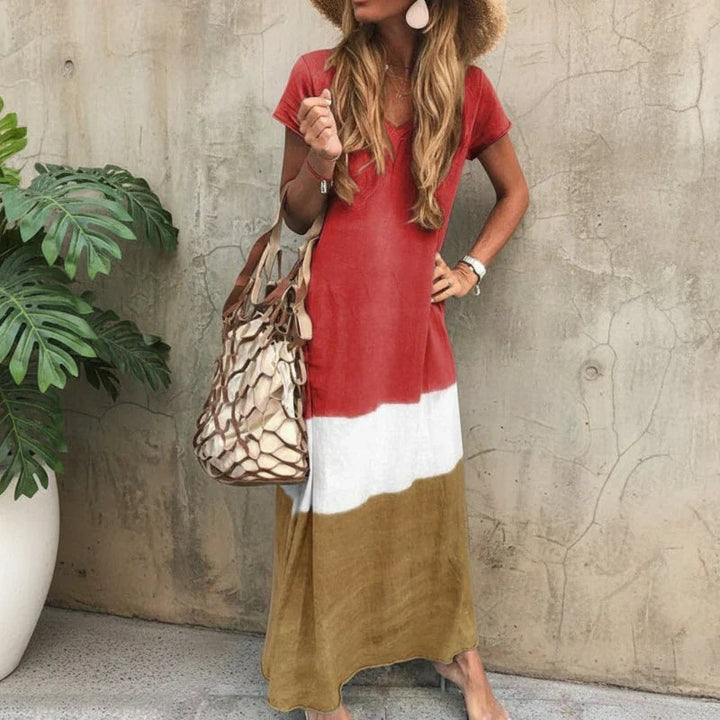 Womens Maxi Dress V-Neck Color Block Summer