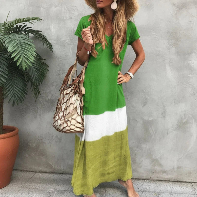 Womens Maxi Dress V-Neck Color Block Summer