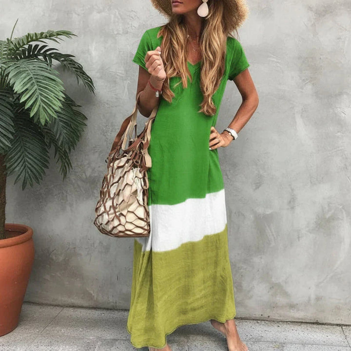 Womens Maxi Dress V-Neck Color Block Summer