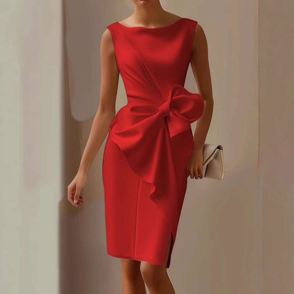 Womens Oversized Sleeveless Midi Dress with Bow Detail
