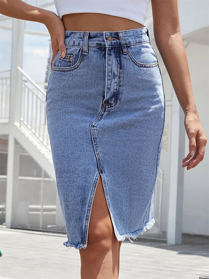 Womens Denim Skirt with Front Slit Raw Hem