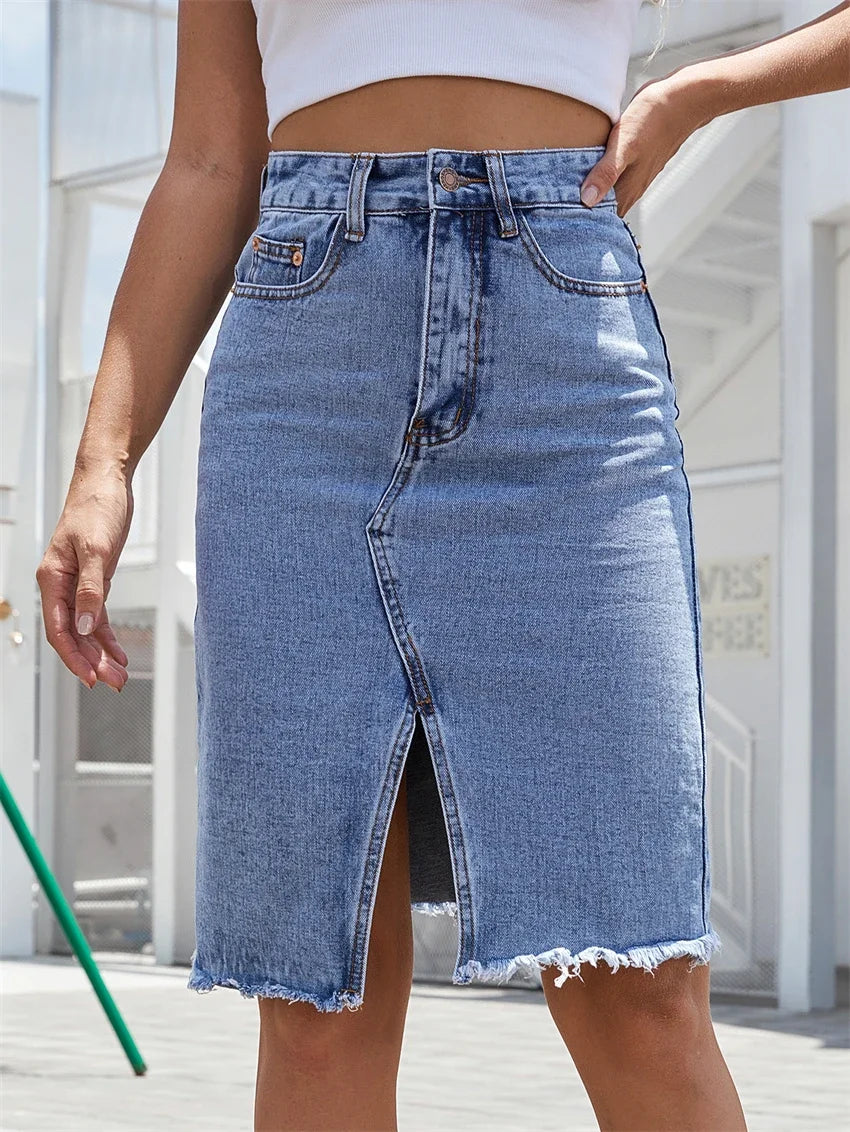Womens Denim Skirt with Front Slit Raw Hem
