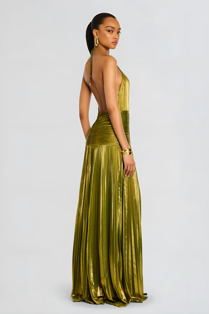 Womens Halter Neck Pleated Maxi Dress Metallic High Slit