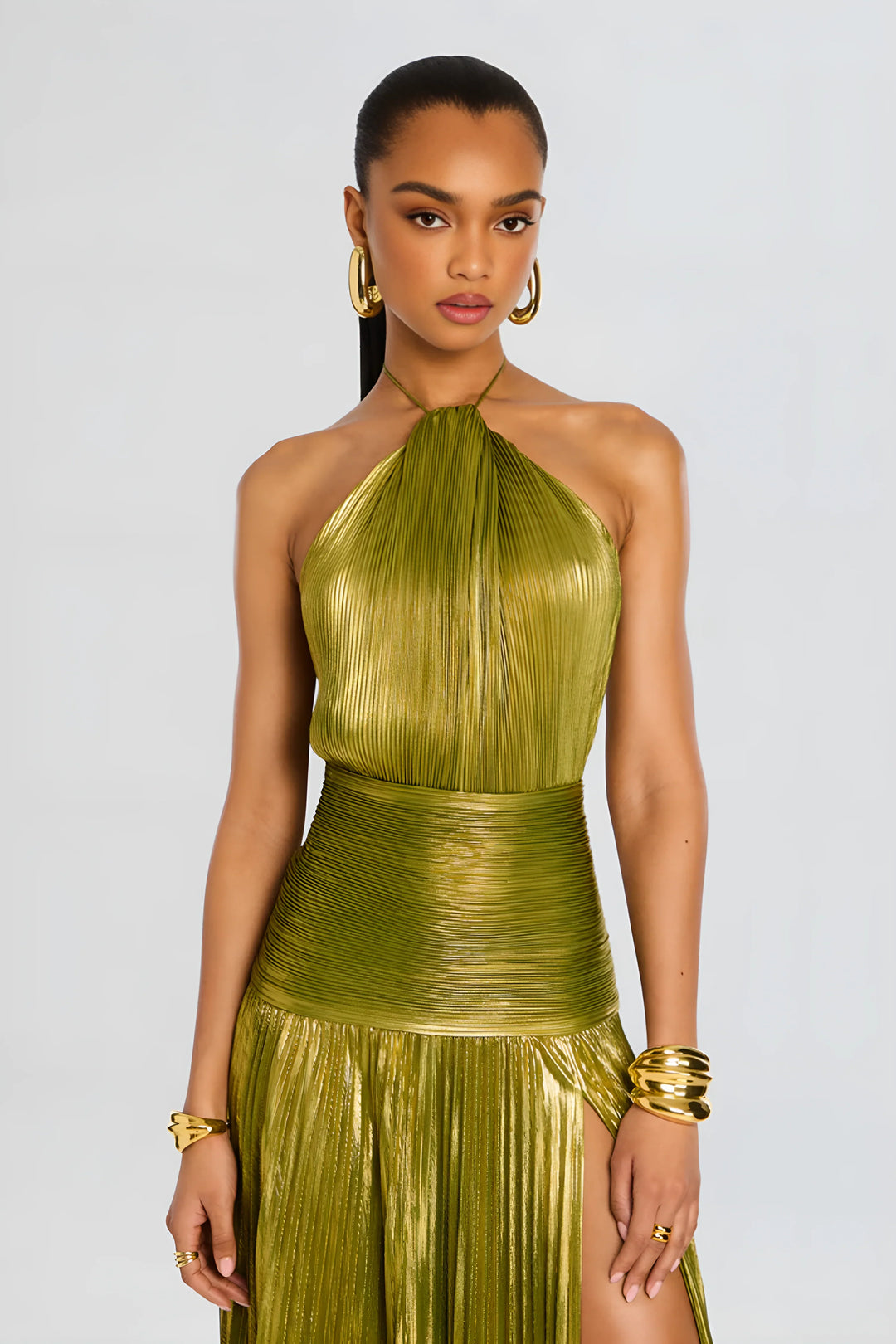 Womens Halter Neck Pleated Maxi Dress Metallic High Slit