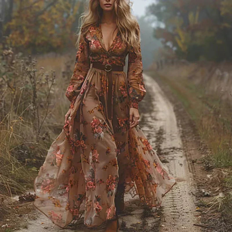 Womens Maxi Dress with V-Neck Tiered Boho Style
