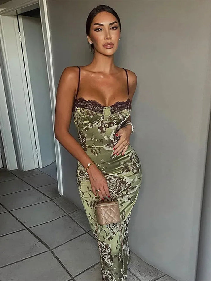 Womens Midi Dress Lace Floral Print Corset Trim