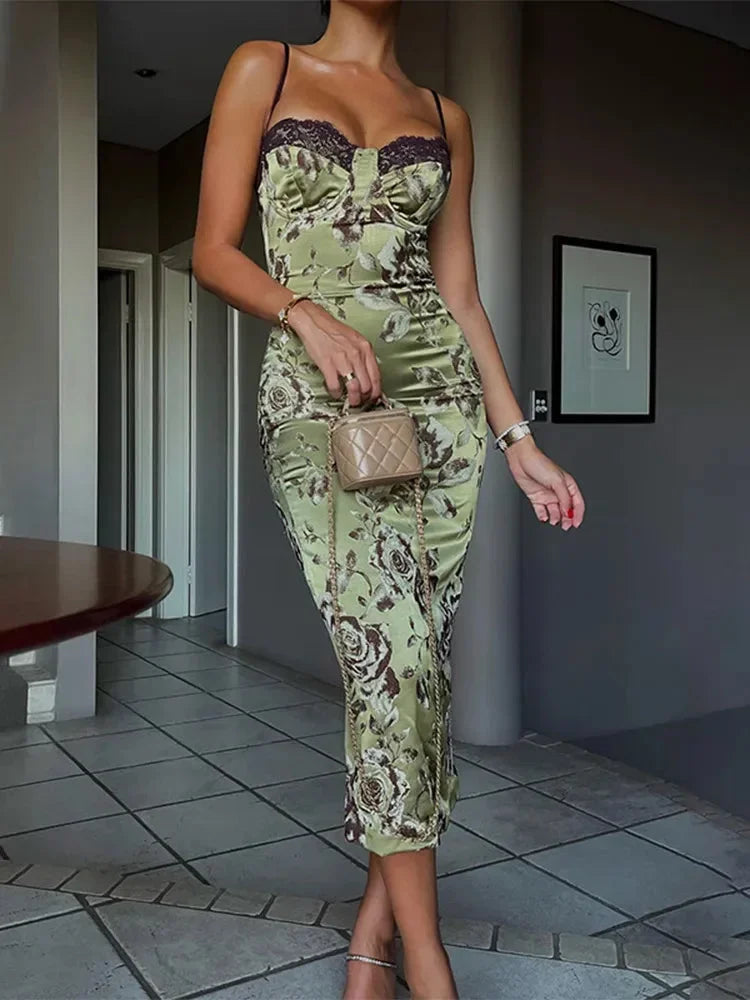 Womens Midi Dress Lace Floral Print Corset Trim