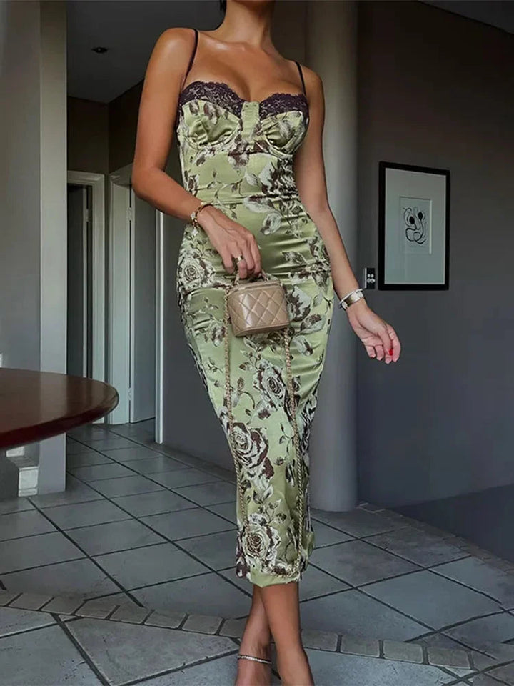 Womens Midi Dress Lace Floral Print Corset Trim