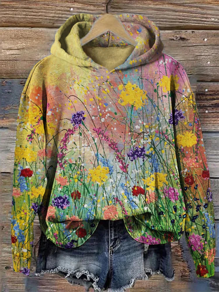 Womens Hoodie with Artistic Floral Print Relaxed Fit - BritishMode