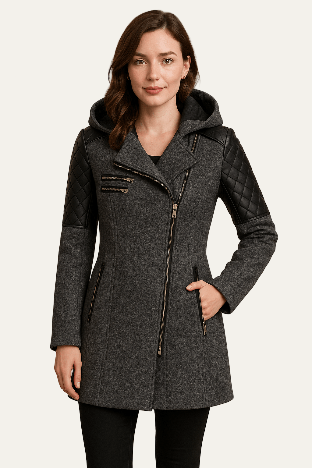 Womens Wool Blend Moto Coat Quilted Sleeves