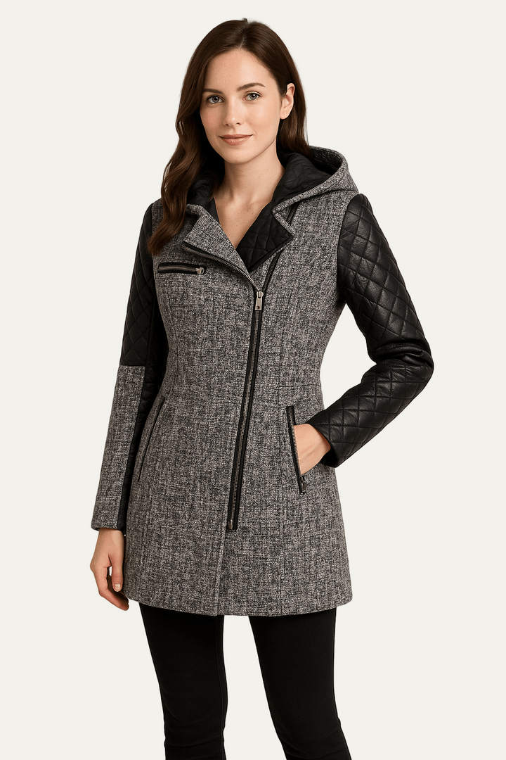 Womens Wool Blend Moto Coat Quilted Sleeves - BritishMode