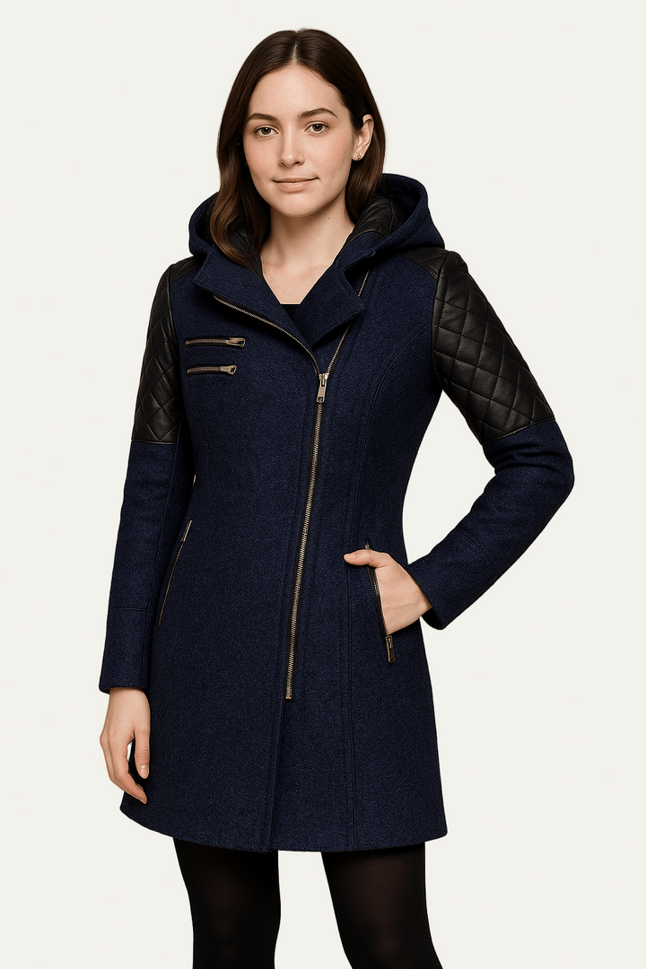 Womens Wool Blend Moto Coat Quilted Sleeves