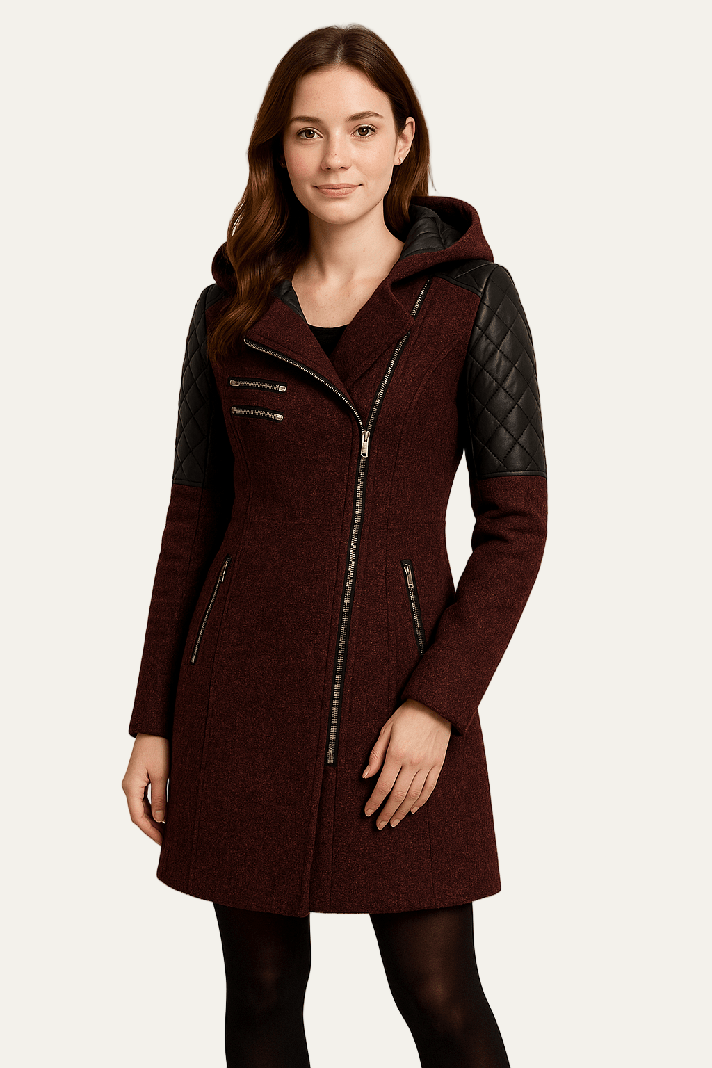 Womens Wool Blend Moto Coat Quilted Sleeves