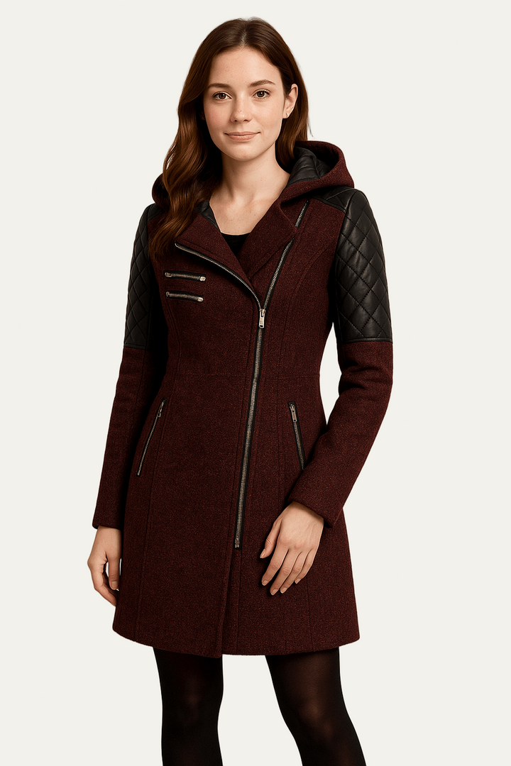 Womens Wool Blend Moto Coat Quilted Sleeves