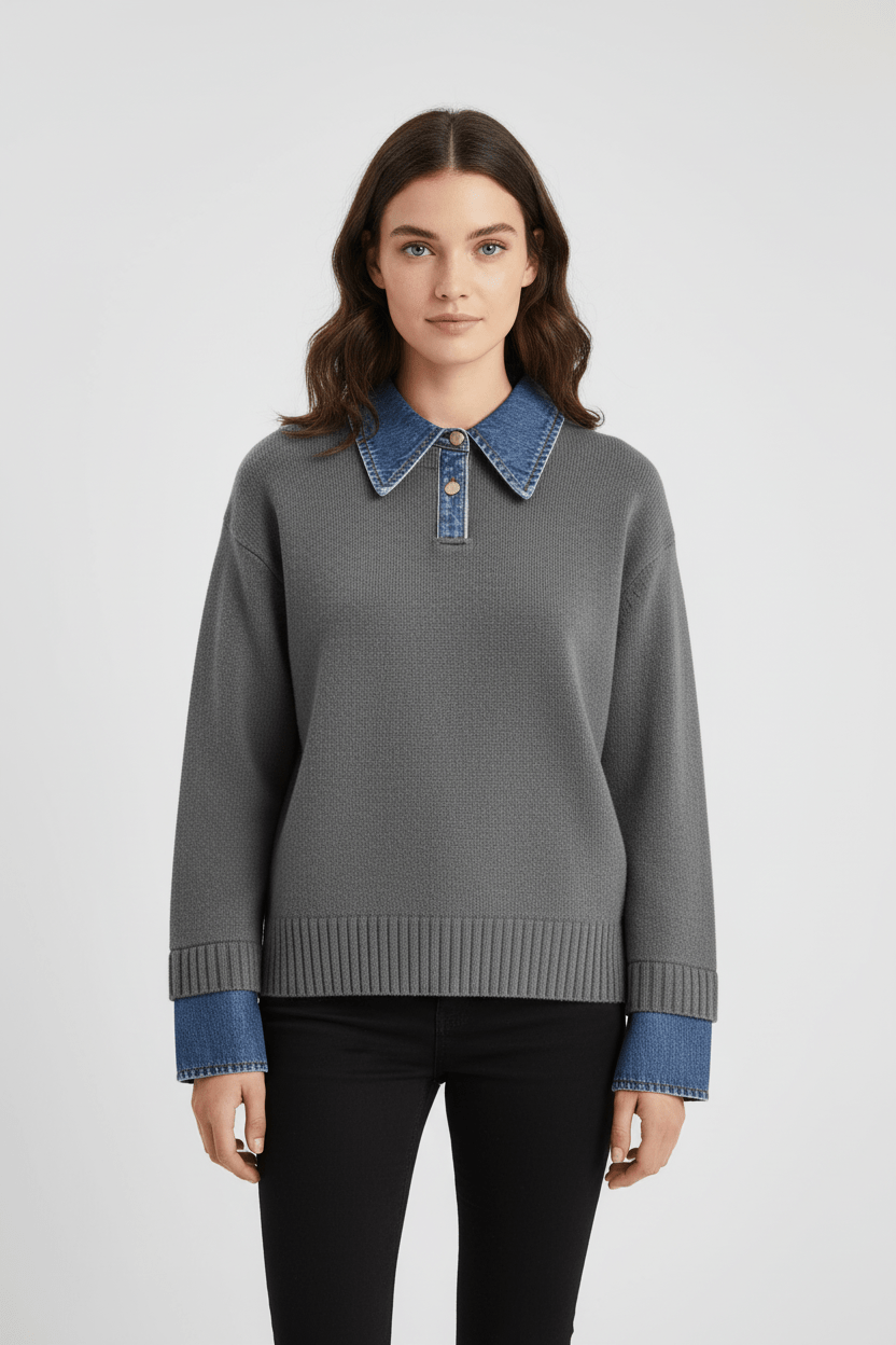 Womens Casual Fit Sweater with Jean Neckline and Trim - BritishMode