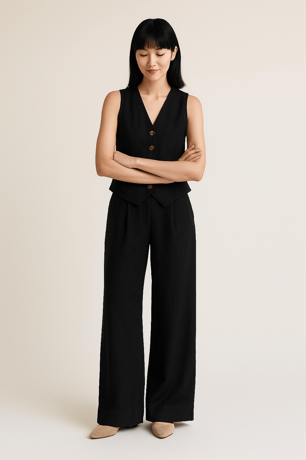 Womens Linen Vest and Wide-Leg Trousers Set